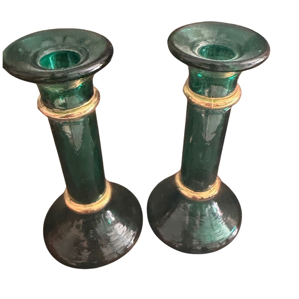 Vintage Emerald Green Glass Candlestick Holders Pair‎ with Gold Trim 6.5 Inch